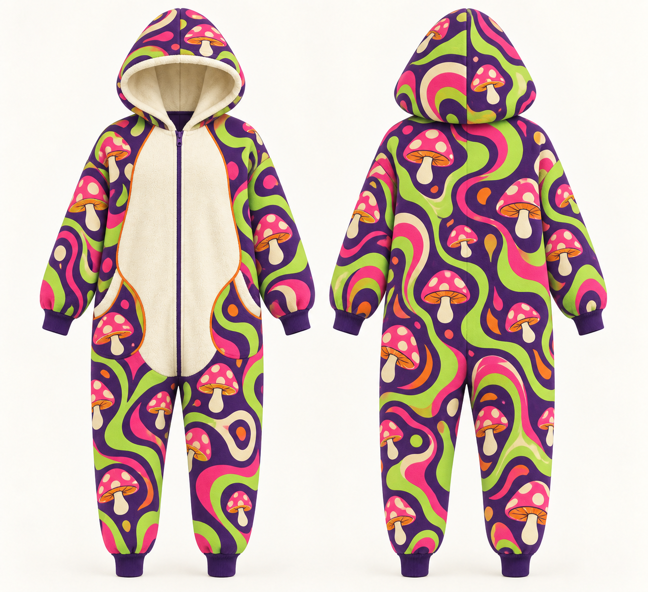 Front and back view of The Original Mushroom Onesie with a normal hood and psychedelic mushroom print